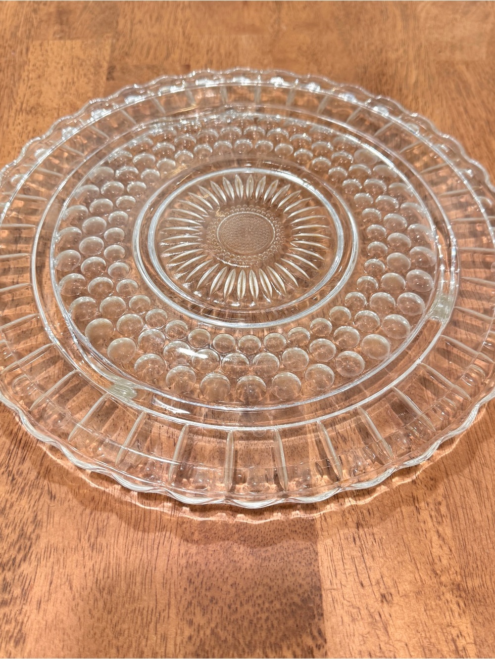 Vintage Round Footed Cake Plate Cookie Tray Federal Pressed Glass Sunburst Dot